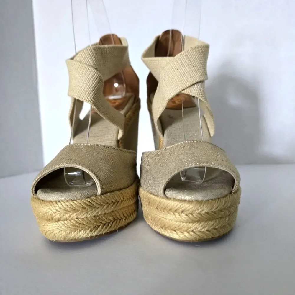 Tory Burch Kate Linen Espadrille Natural Gold Wedge Size 6